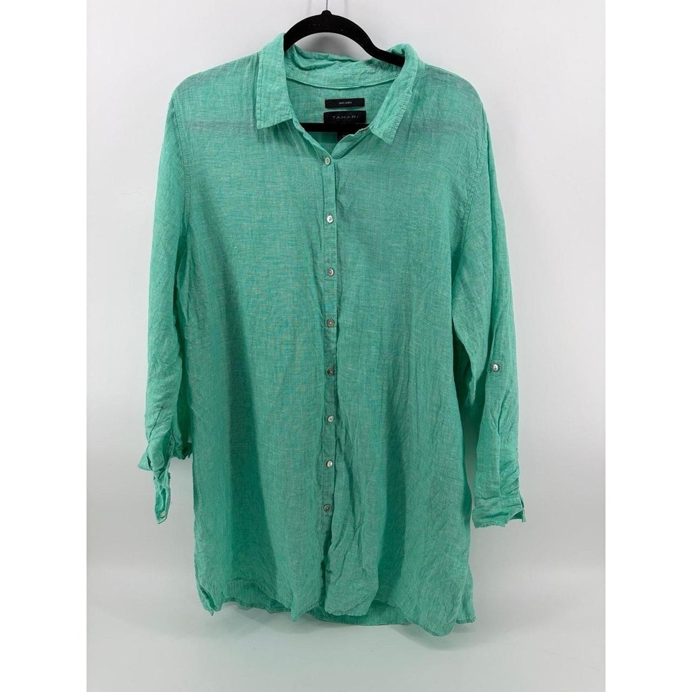 Tahari Top Women's Xl Green 100% Linen Button Up Tunic Roll Tab Sleeves Beachy
